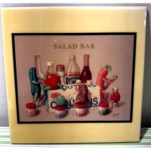 Unique Rare Art Kitchen” Salad Bar” Decorative Tile by Greg Brown 8" x 8" France
